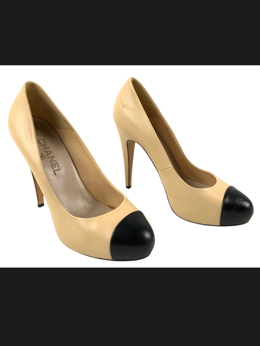 CHANEL Beige Leather Pumps with Black Cap Toes